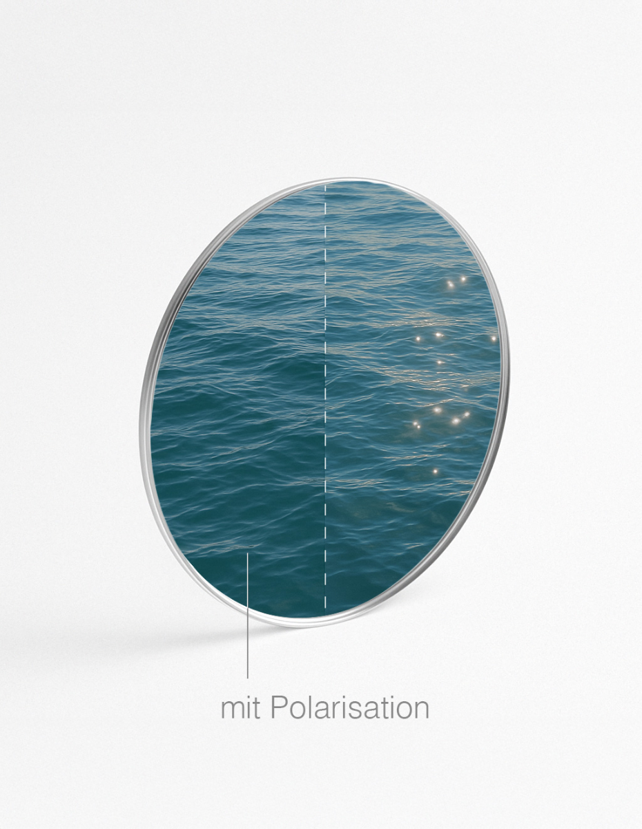 Brillenglas mit Blick auf spiegelnde Meeresoberfläche. Eine Seite spiegelt und die andere nicht. 