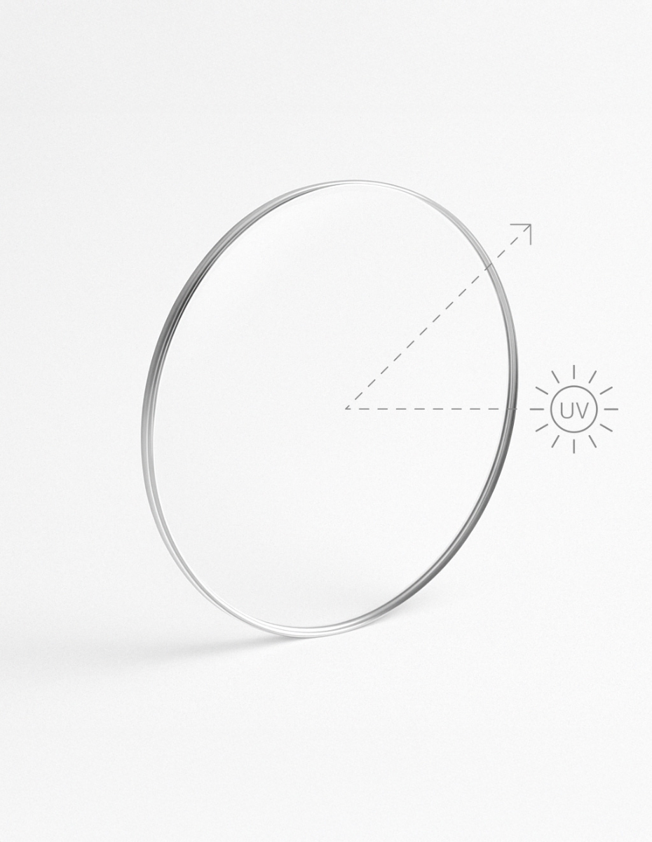 Brillenglas mit angedeutetem Lichtstrahlenverlauf, um Blaulichtfilter anzudeuten.